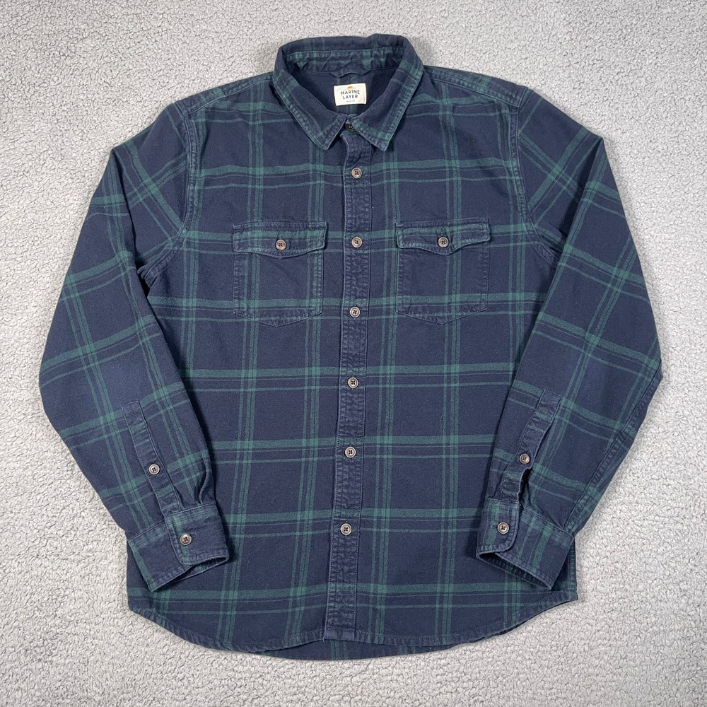 Marine Layer Long Sleeve Shirt Mens Large Blue Green Flannel Plaid Button Up